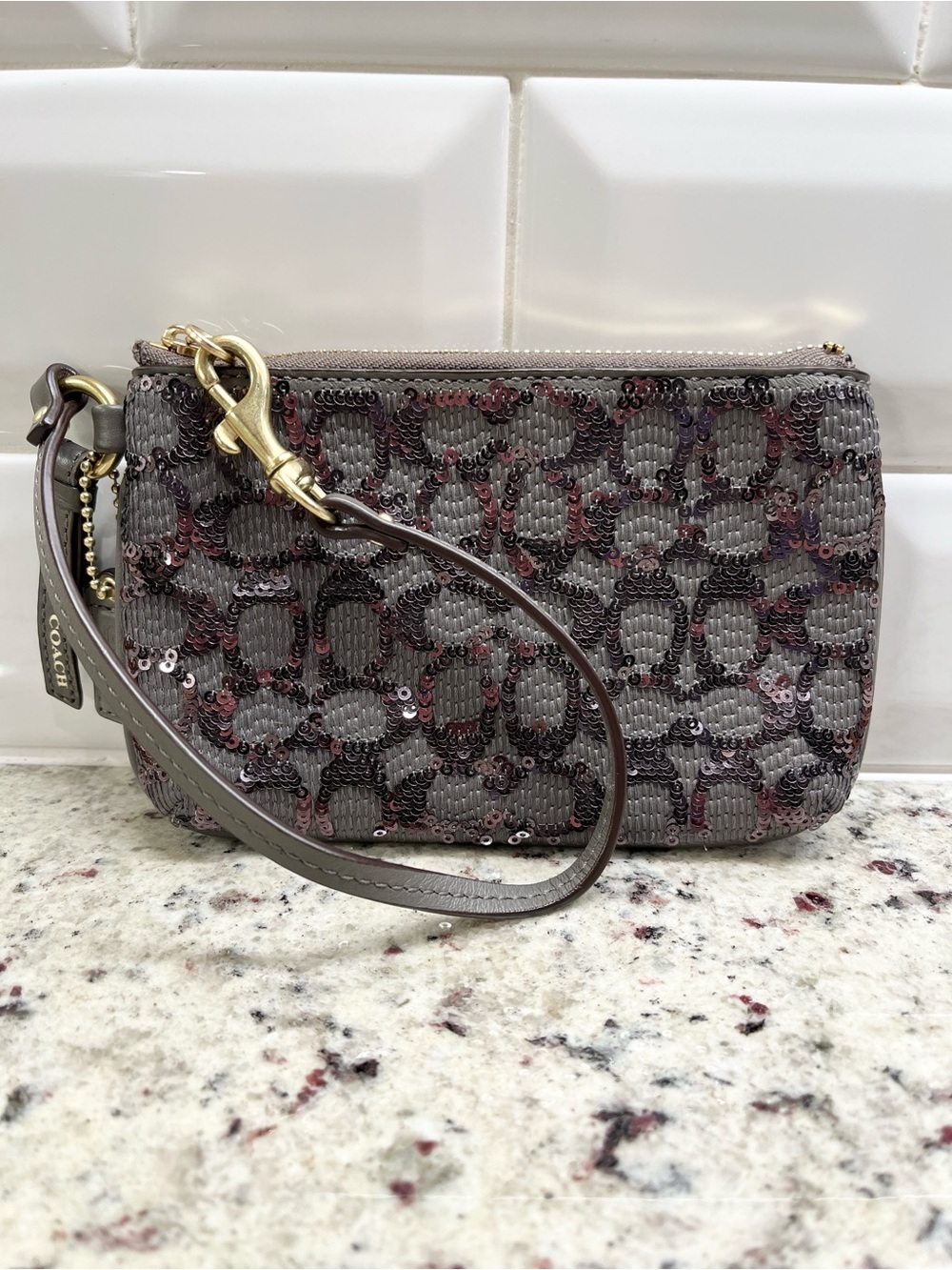 Coach Limited Edition Poppy Signature Gray Sequin Wristlet NWOT